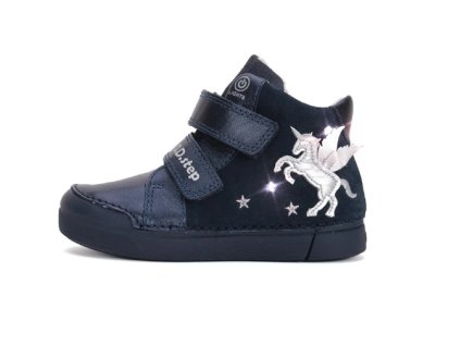 D.D. STEP detské dievčenské prechodné kožené s LED svetlom topánky Royal Blue Unicorn,*068