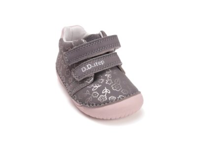 D.D. STEP detské dievčenské prechodné kožené  topánky Dark Grey Flowers BAREFOOT, *070