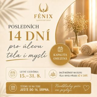 🌿 Posledních 14 dní, kdy můžeš dopřát úlevu svému tělu i mysli. Od 15. do 31. srpna budou naše lázně z technických důvodů...