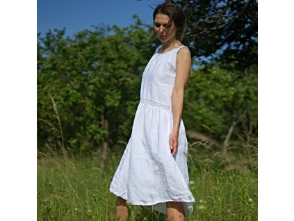 Šaty bílé lněné s krajkou IV (Le Mi česká autorská móda)