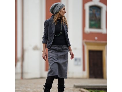 Áčková lněná sukně šedá s výšivkou VI (Le Mi)