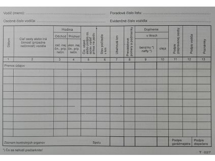 Tlačivo Záznam o prevádzke osobného vozidla A5/100listov