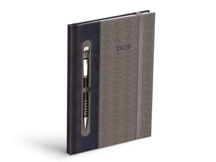 Diár 2026 T805 PU tmavomodrý/sivý s gumou na pero