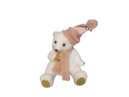 Macko sediaci biely s čiapkou