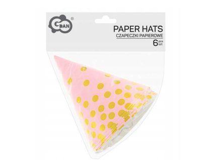 Klobúčiky papierové/6ks ružové so zlatými bodkami