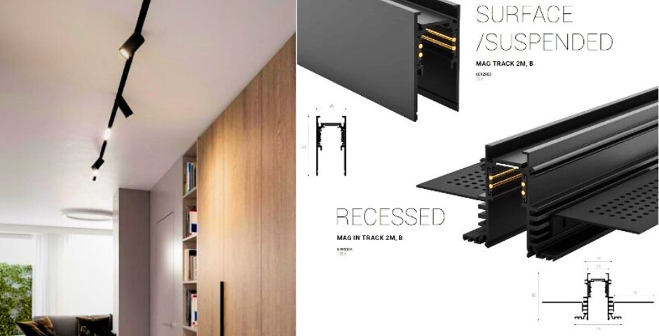 Lišty jsou vhodné jak pro klasickou přisazenou montáž na strop či stěnu, tak je lze rovněž elegantně zavěsit na lanka.