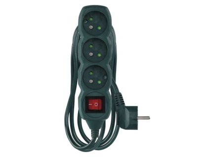 Prodlužovací kabel 3 m / 3 zásuvky / s vypínačem / zelený / PVC / 1,5 mm2