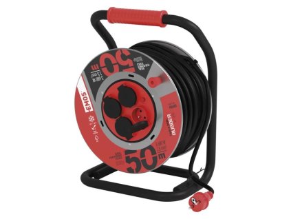 Venkovní prodlužovací kabel na bubnu 50 m / 4 zásuvky / černý / guma / 230 V / 1,5 mm2