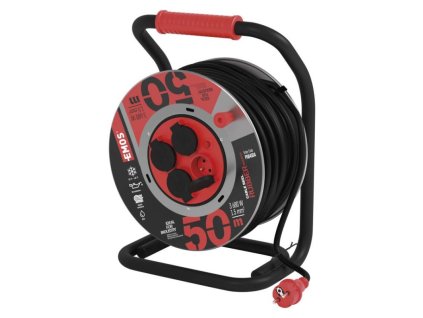 Venkovní prodlužovací kabel na bubnu 50 m / 4 zás. / černý / guma-neopren / 230V / 1,5 mm2