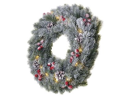 LED vánoční věnec zasněžený, 38 cm, 2x AA, vnitřní, teplá bílá, časovač