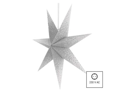 Vánoční hvězda papírová závěsná se stříbrnými třpytkami ve středu, bílá, 60 cm, vnitřní