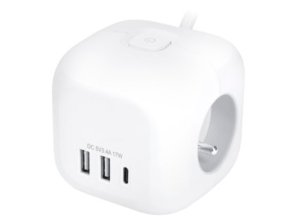 Solight 3z + USB A+C prodlužovací přívod - kostka, kabel 2m, 3 x 1mm2, bílý, vypínač