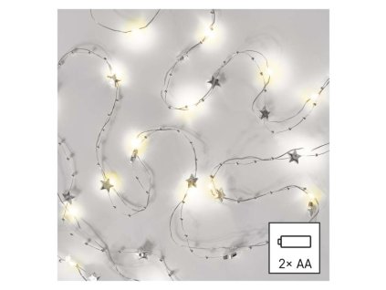 LED vánoční řetěz stříbrný – hvězdičky, 1,9 m, 2x AA, vnitřní, teplá bílá, časovač