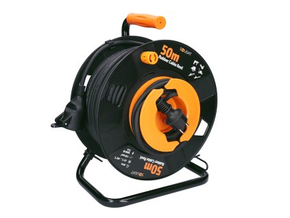 Solight prodlužovací přívod na bubnu, 1 zásuvka, venkovní, 50m gumový kabel, 3x 1,5mm2, IP44