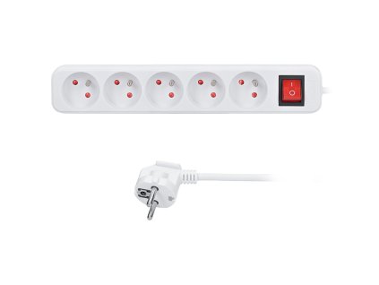 Solight prodlužovací přívod, 5 zásuvek, bílý, vypínač, 3m