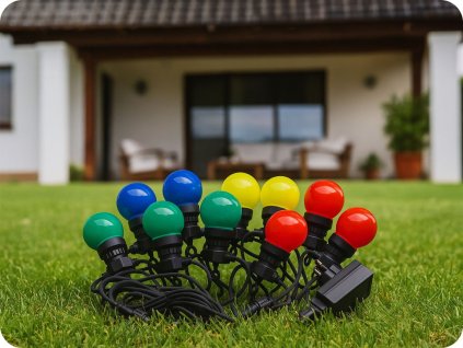 LED Řetězové svítidlo 20x 0,5W RGB LED žárovky, 10m, 24V, IP44