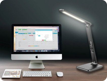 LED stolní lampička s displejem, 9W, kůže, černá, volba teploty
