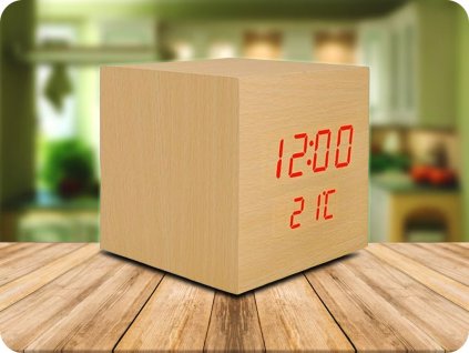 LTC Budík KOSTKA s funkcí teploměru, napájení 3xAAA/USB 5V, dekor DŘEVO