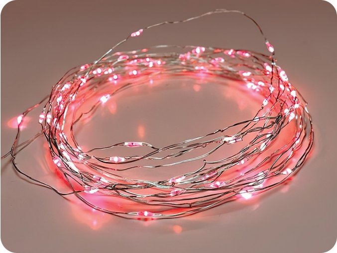 LED dekorační řetěz 10m, 100LED, červená, 8 funkcí, s adaptérem, stříbrná měď [XSW100RAF44]