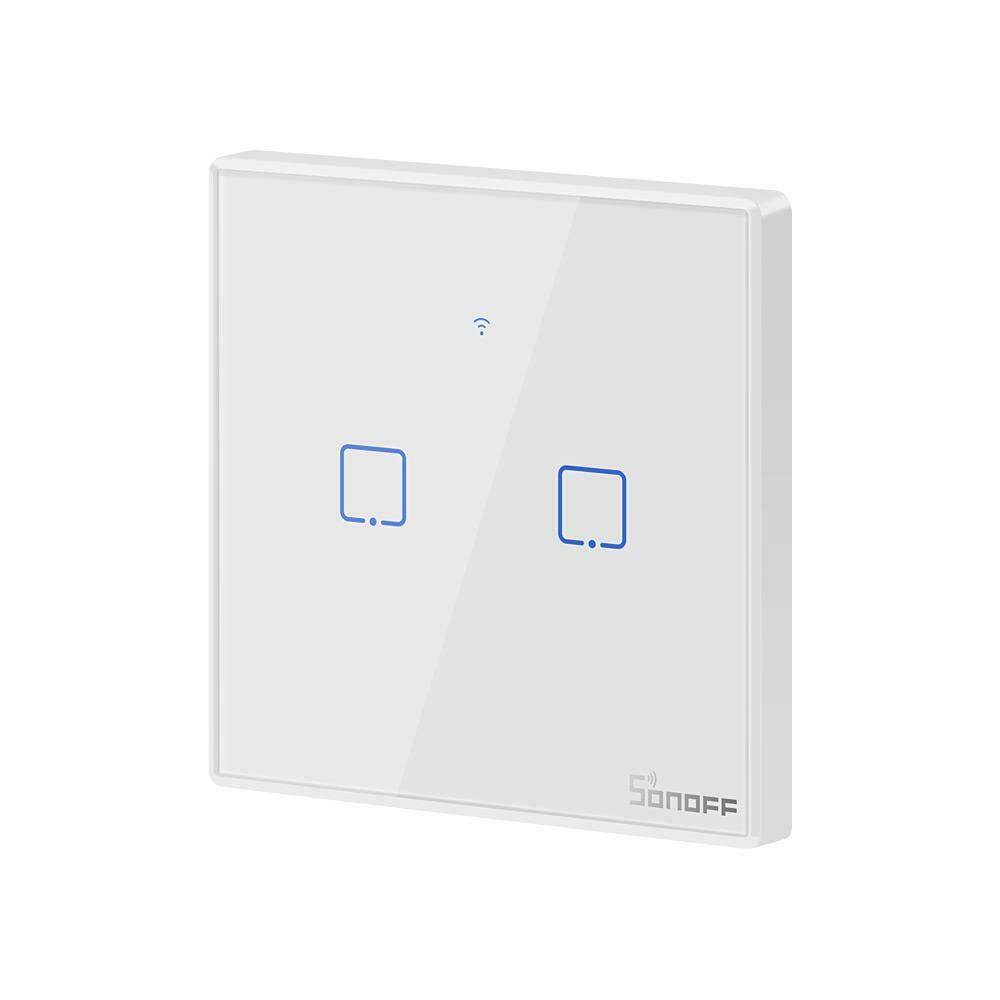 Smart 2-Vypínač bílý WiFi + RF433 Sonoff, typ T2EU2CTX (2 kanály), 2A, max.480W, tvrzené sklo [IM190314016]