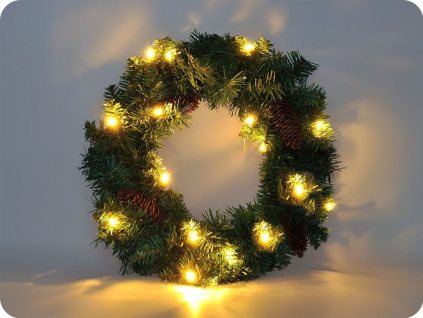 Vianočný veniec, priemer 30cm, 15LED, 3xAA, IP44, časovač [1V239]