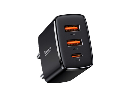 Baseus rýchlonabíjací adaptér 2xUSB, USB-C, PD, 3A, 30W, čierny
