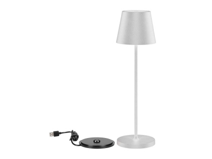 LED STOLNÁ LAMPA 2W, 200lm, 3000K, NABÍJATEĽNÁ, 4400mAh s nabíj. podstavcom, BIELA, IP54