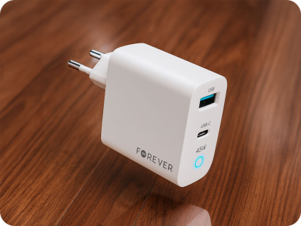 Nabíjací adaptér GaN PD QC charger 1x USB-C, 1x USB, 45W, biely [GSM171396]