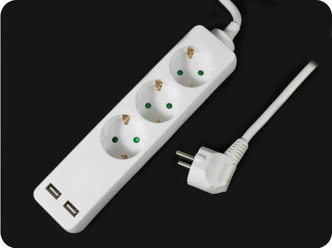 Predlžovací kábel, 3 zásuvky+2xUSB, 1,5m,  16A, 3G1.5mm2, biely