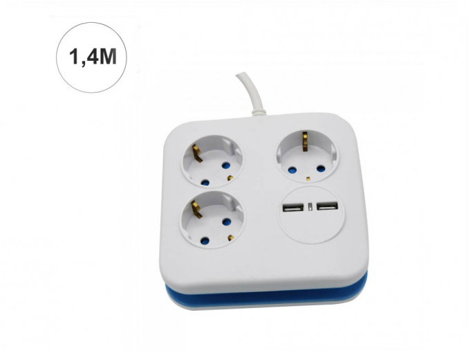 Predlžovačka 1,4m, 3 zásuvky, 2xUSB, 16A, IP20