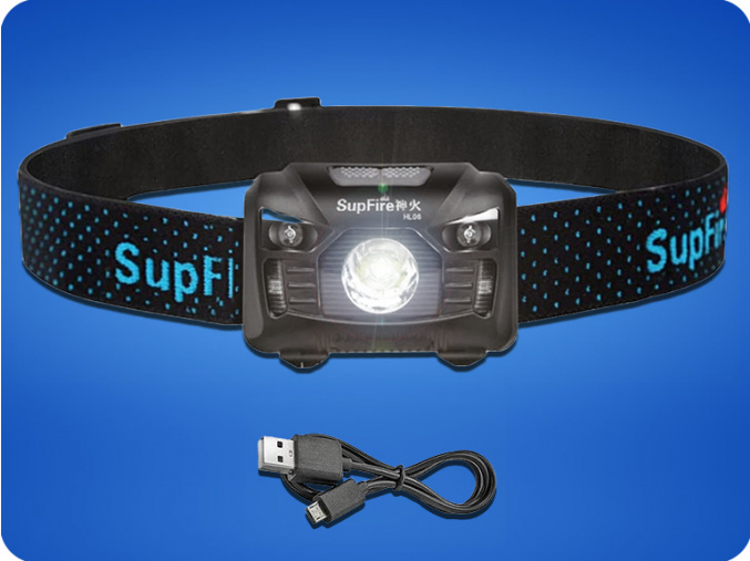 LED nabíjateľná čelovka Supfire HL06, 3 módy + SOS + senzor, nabíjanie cez Micro-USB, 5W, 500lm, 300m