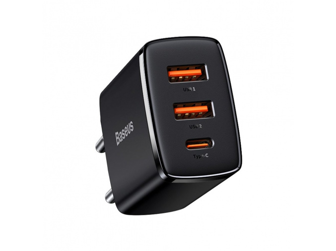 Baseus rýchlonabíjací adaptér 2xUSB, USB-C, PD, 3A, 30W, čierny