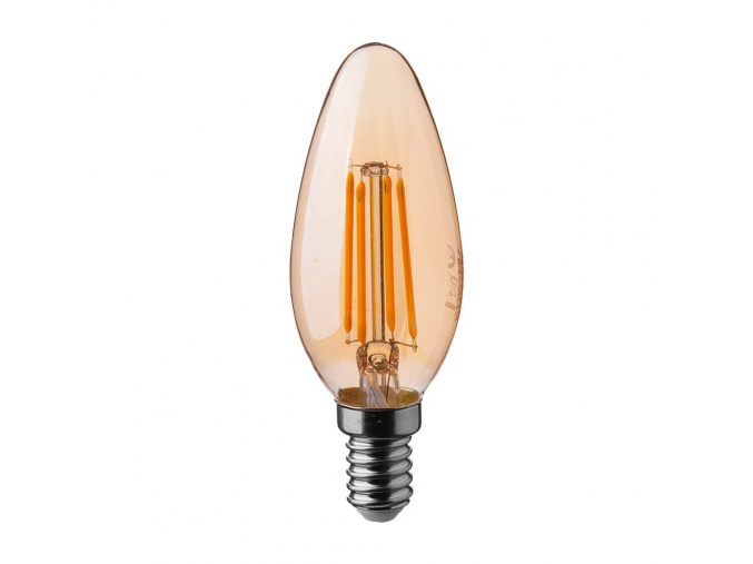 Retro LED Filament žiarovka sviečka, E14, 4W, 350lm, jantárové sklo, 2200K, s plamienkom