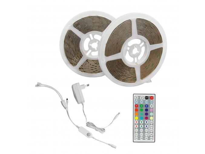 Set RGB LED pásik 2x5m + napájanie + ovládanie + PIR senzor, dosah 2m, 2,5W/m