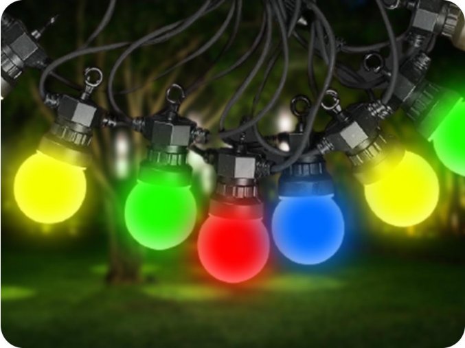 LED Reťazové svietidlo 10x 0,5W RGB LED žiarovky, 5m, 24V, IP44