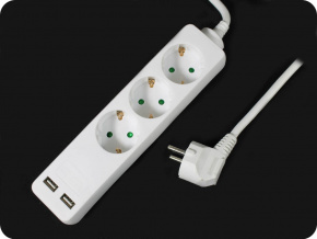 Predlžovací kábel, 3 zásuvky+2xUSB, 5m,  16A, 3G1.5mm2, biely