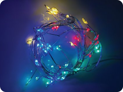 LED ukrasni lančić klaster 2.5m, 50LED, 3xAA, RGBY, bez funkcija, srebrni