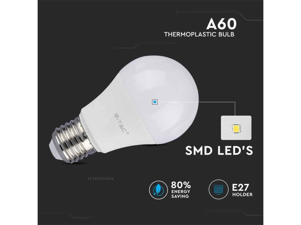 E27 LED Żarówka 9W (806 lm), A60 (Barwa Swiatla Zimna biała 6400K)