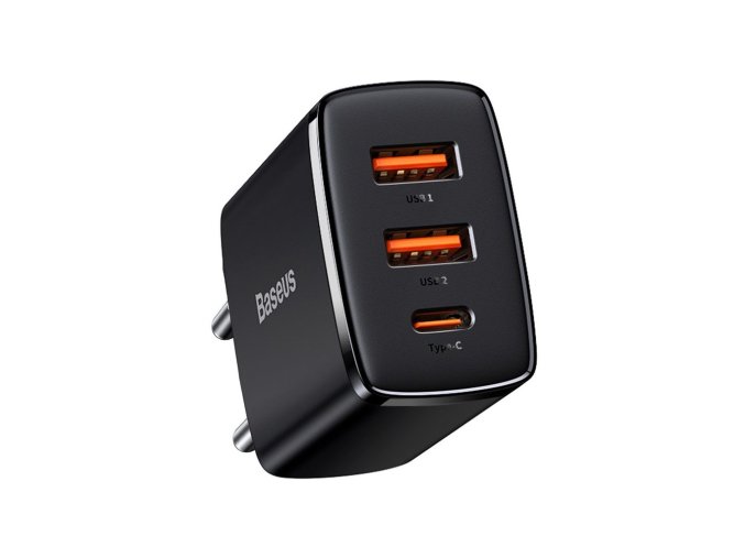 Adapter szybkiego ładowania Baseus 2xUSB, USB-C, PD, 3A, 30W, czarny