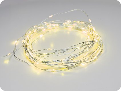 LED dekorációs lánc 10m, 100LED, sárga, 8 funkció, adapterrel, ezüst réz [X01100712]