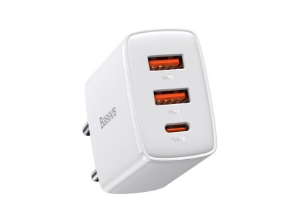 Baseus gyorstöltő adapter 2xUSB, USB-C, PD, 3A, 30W, fehér