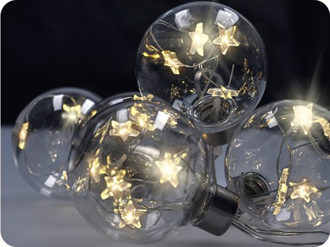 Solight LED karácsonyi gömbök csillagokkal, 8cm-es méret, 6db, 30LED, időzítő, tesztelő, 3xAA [1V228]