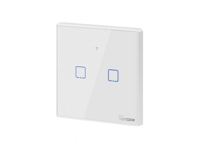 Intelligens 2-kapcsolós fehér WiFi + RF433 Sonoff, T2EU2CTX típus (2 csatorna), 2A, max.480W, edzett üveggel [IM190314016]