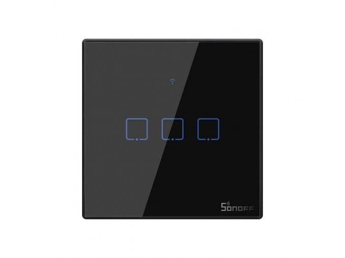 Intelligens 3-kapcsolós fekete WiFi + RF433 Sonoff T3EU3C-TX típus (3 csatorna), 1A/csatorna, max. 100W/csatorna, edzett üveggel [T3EU3C-TX]