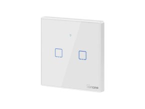 Intelligens 2-kapcsolós fehér WiFi + RF433 Sonoff, T2EU2CTX típus (2 csatorna), 2A, max.480W, edzett üveggel [IM190314016]