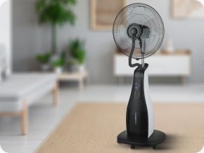 80W-os ventilátor párásítóval, távirányítóval, 3 lapát, 43cm átmérőjű, kerekeken