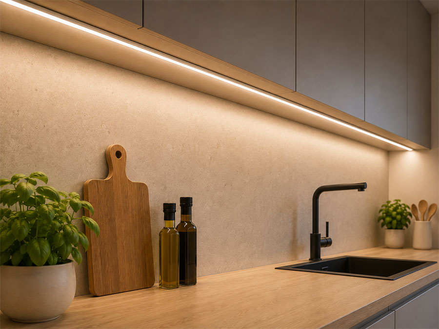 Možnosti umístění LED pásku pod horní kuchyňskou skříňkou