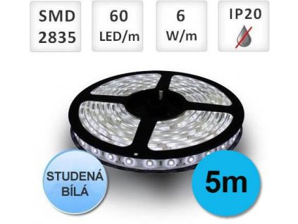 PremiumLED LED pásek 5m, 60ks, 2835, 6W/m, Studená