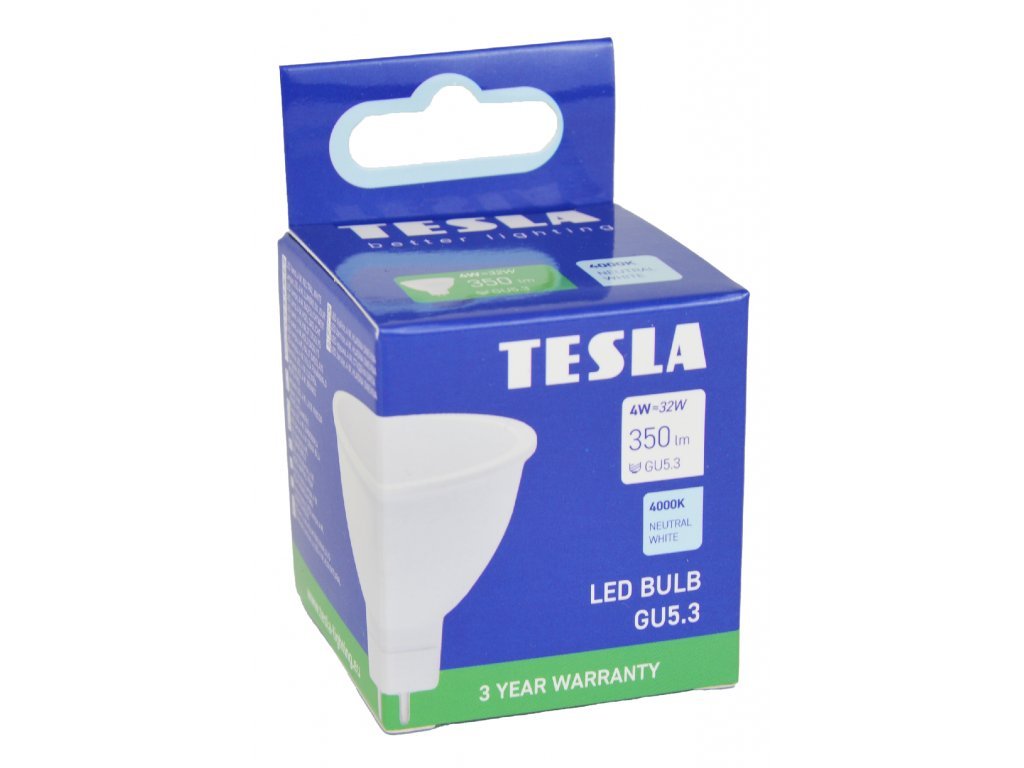 Tesla - LED žárovka GU5,3 MR16, 4W, 12V, 350lm, 25 000h, 4000K denní bílá, 100°