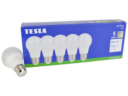 Tesla - LED žárovka BULB E27, 8W, 230V, 806lm, 25 000h, 3000K teplá bílá, 220st - 5ks v balení